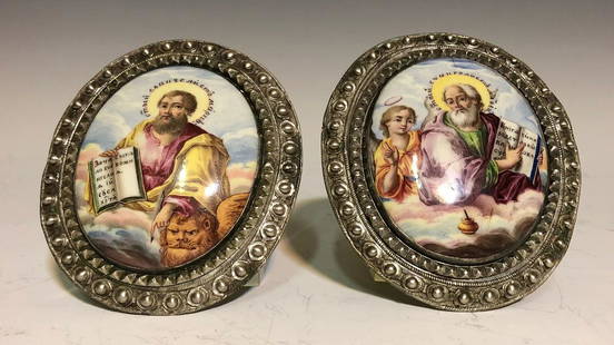 Pair of 19th C. Miniature Russian Silver & Enamel: Pair of 19th C. Miniature Russian Silver & Enamel Paintings on copper, Dimensions: Height:4 1/4" x 3 3/4"