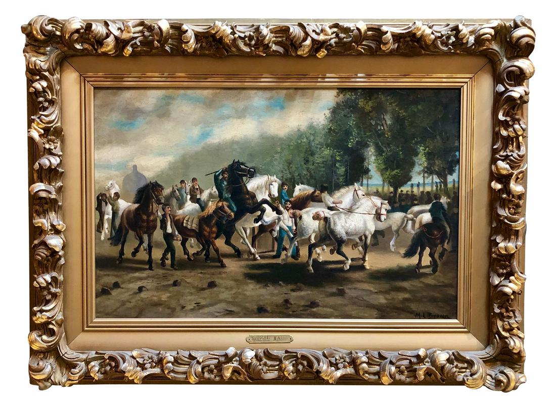 Oil/ Canvas Titled 'The Horse Fair' by M.L. Brown: Oil/ Canvas Titled 'The Horse Fair' by M.L. Brown , placed in a carved wood frame, Signed bottom right hand side M.L Brown, Framed Width: 37.5" Height" 27.5", Canvas Width: 27.5" Height: 17.5"