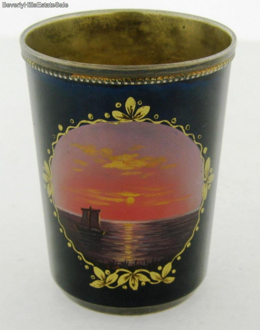 Vintage Russian Enamel 875 Silver Ocean Scene Cup: Vintage Russian Enamel 875 Silver Ocean Scene Cup In Good condition minor imperfection to blue enamel. Marked 875 makers mark measures 2" high by 1 1/2" wide.