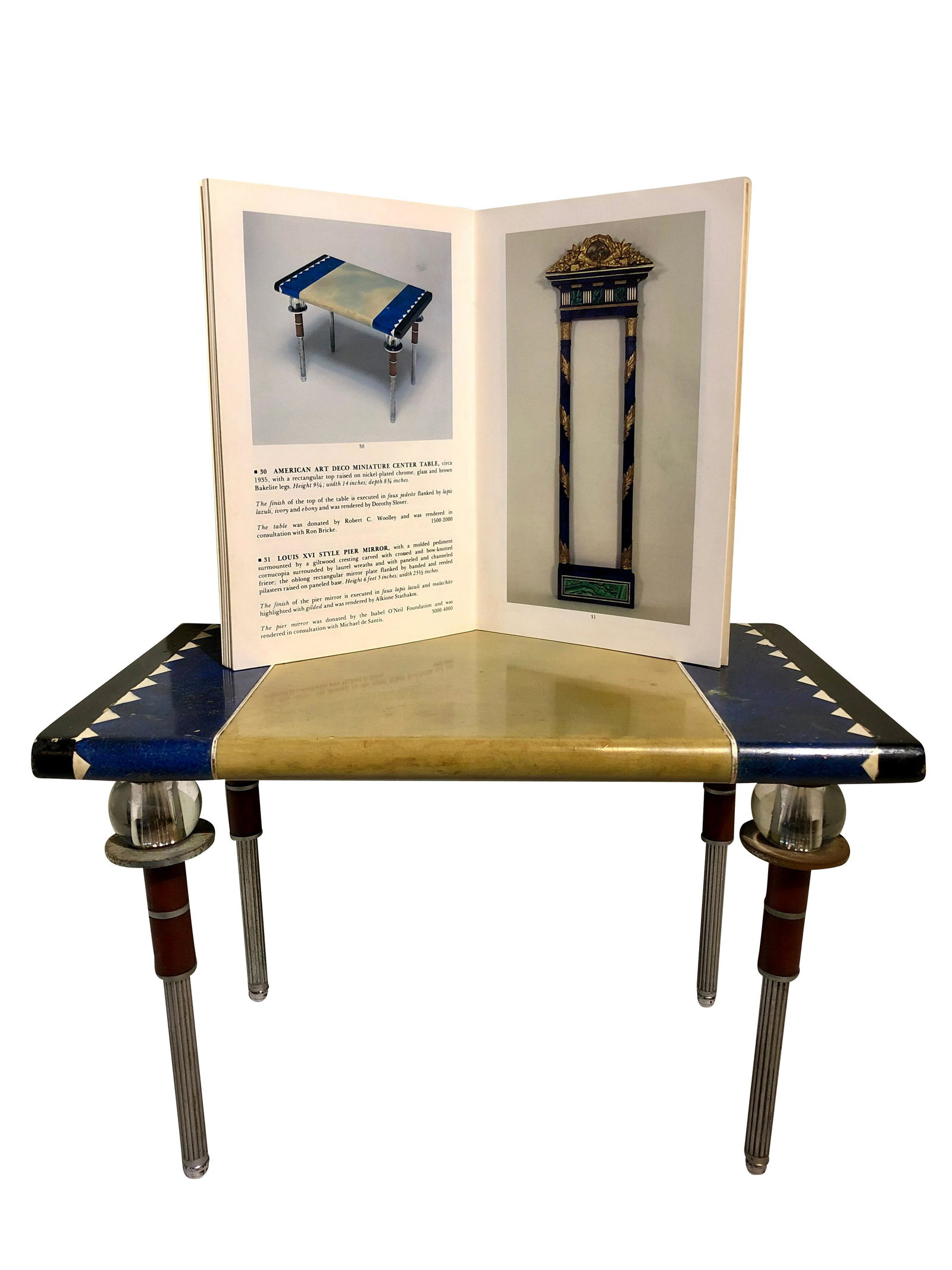 American Art Deco Miniature Side Table Isabel O'Neil: American Art Deco Miniature Center Table, Circa 1935, with a rectangular top raised on nickel-plated chrome, glass and Bakelite legs. Height: 9 1/4" width: 14" depth: 8 3/4", The finish of the top of 