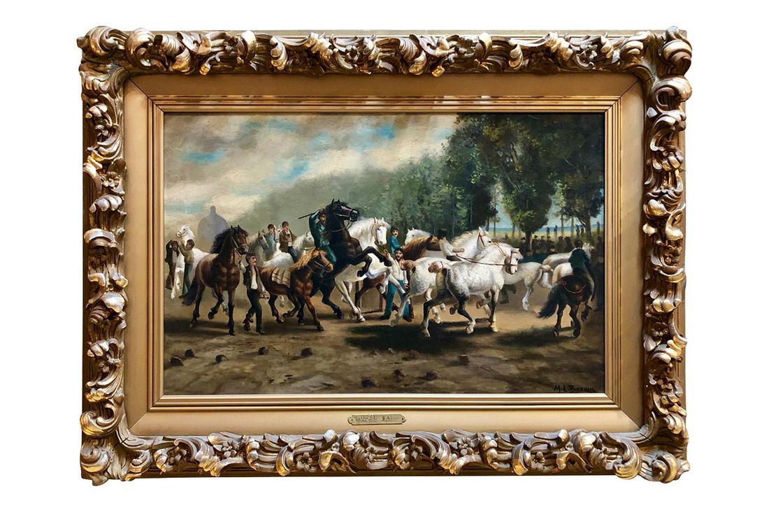 A Continental Oil/Canvas 'The Horse Fair' M.L Brown: M.L Brown Oil Painting 'The Horse Fair' placed in a carved wood frame, Signed bottom right hand side M.L Brown, Framed Width: 37.5" Height" 27.5", Canvas Width: 27.5" Height: 17.5", This lot will be s