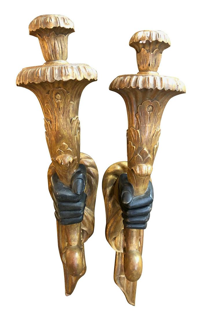 A Pair of French Carved Wood Lighting Fixtures: A Pair of French Carved Wood Lighting Fixtures, 19th Century, Dimensions Height: 31 Width: 6" Depth 11"