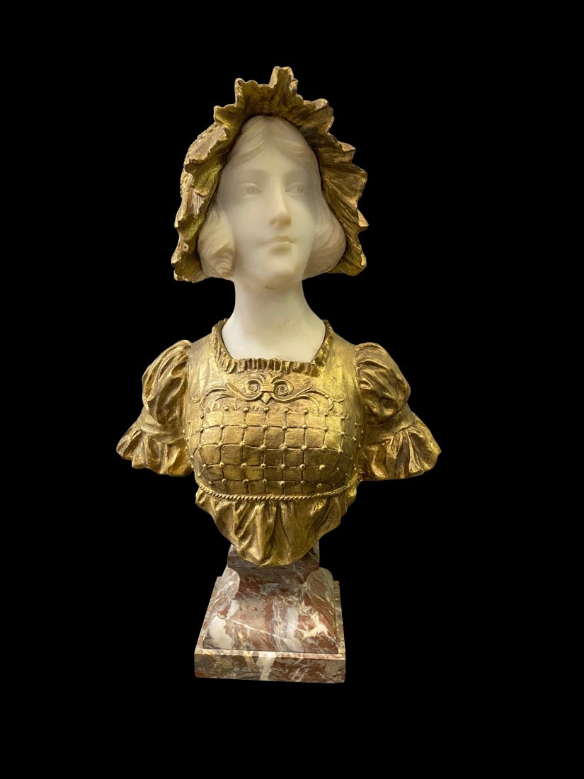 ITALIAN CARVED MARBLE & ORMOLU BUST BY FAGGIONI: ITALIAN ANTIQUE CARVED MARBLE BUST UNDER GILDED BRONZE BREAST BY FAGGIONI