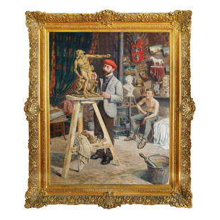 LOUIS GUSTAVE CAMBIER (1874-1949) BELGIAN OIL ON CANVAS TITLED "WORKSHOP INTERIOR": Louis Gustave Cambier (1874-1949) BelgianTitled: "Intérieur D'atelier" (Workshop interior) Signed: G. CambierDated 1891DimensionsFrameHeight: 90"Width: 71"CanvasHeight: 70"Width: 54"