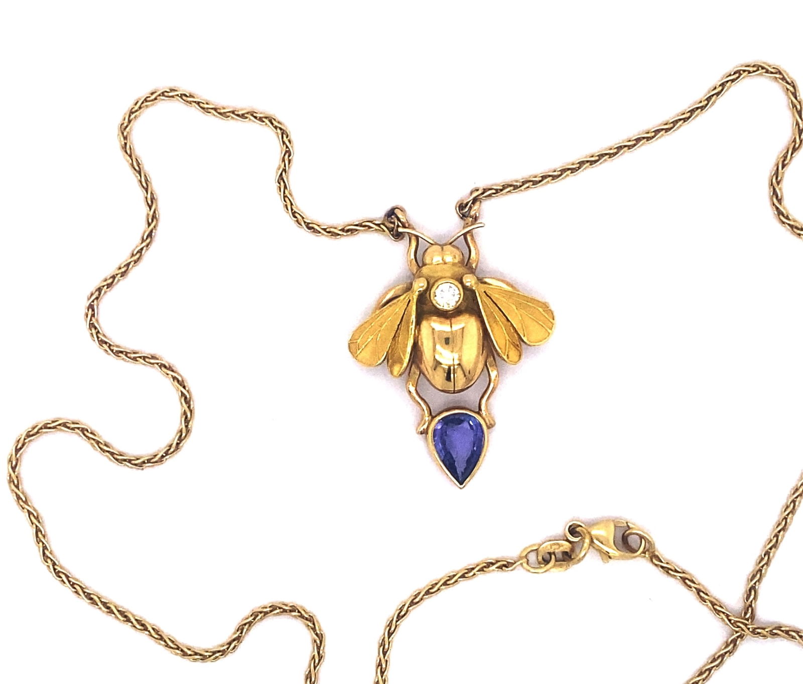 ART NOUVEAU BEE DESIGN TANZITE & 18K GOLD NECKLACE SIGNED (1 of 4)
