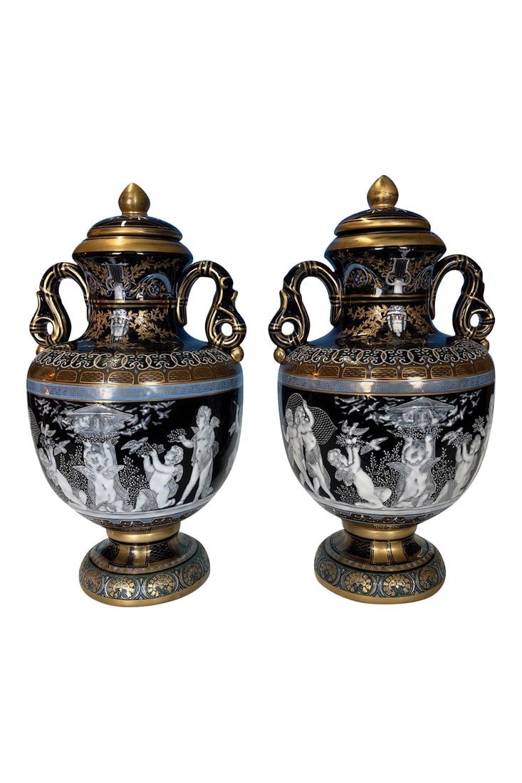 A PAIR OF MINTON PATE-SUR-PATE STYLE VASES (REPRODUCTION) (1 of 3)