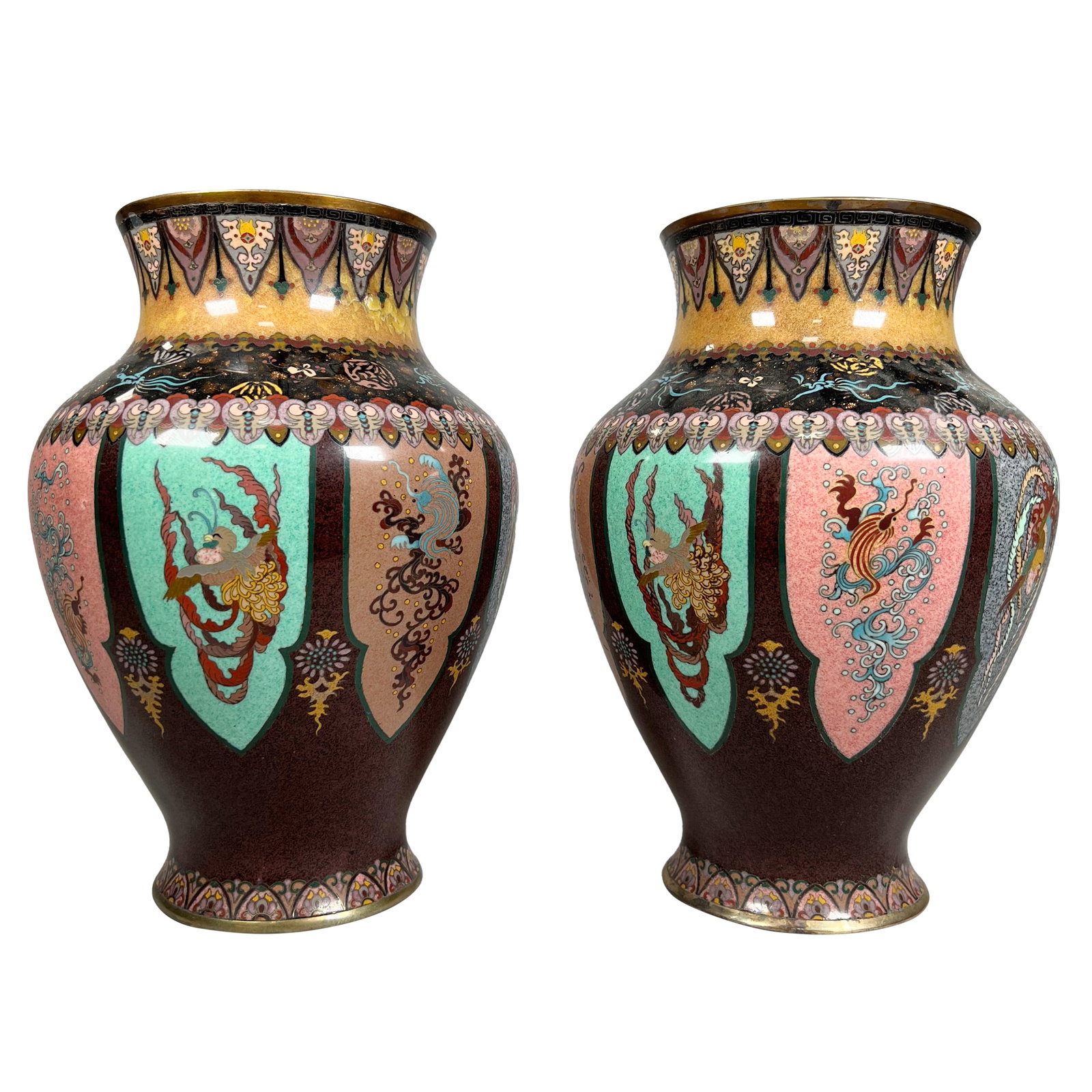 JAPANESE PAIR OF CLOISONNÉ ENAMEL VASES, MEIJI-TAISHO PERIOD: JAPANESE PAIR OF CLOISONNÉ ENAMEL VASES, MEIJI-TAISHO PERIOD, in the manner of HONDA, Dimensions Height: 10" Width: 6.5"