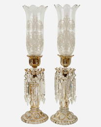 A TALL PAIR OF BACCARAT CUT CRYSTAL LUSTERS/ CANDLE HOLDERS