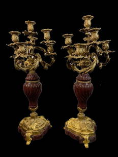 PAIR OF FRENCH ROUGE MARBLE AND GILT BRONZE CANDELABRAS, 19TH CENTURY: PAIR OF FRENCH ROUGE MARBLE AND GILT BRONZE CANDELABRAS, 19TH CENTURY Dimensions Height: 26" Width:11" Depth: 11"