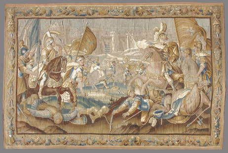 MONUMENTAL FLEMISH TAPESTRY 'BATTLE OVER JERUSALEM' 17TH CENTURY: FLEMISH TAPESTRY 'BATTLE OVER JERUSALEM' 17TH CENTURY, depicting a battle between the Crusaders and the Muslims over Jerusalem, Dimensions Width: 198" Height: 120"