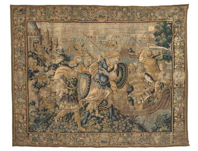 PALATIAL FLEMISH TAPESTRY OF A 'ROMAN BATTLE' 17TH CENTURY: PALATIAL FLEMISH TAPESTRY OF A 'ROMAN BATTLE' 17TH CENTURY, depicting armies arriving by sea to conquer land, Dimensions Width: 146" Height: 114"