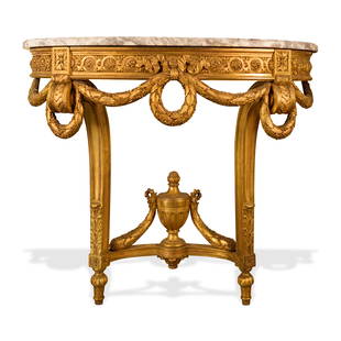 FRANCOIS LINKE LOUIS XV CARVED WOOD MARBLE TOP CONSOLE TABLE, CIRCA 1890: FRANCOIS LINKE LOUIS XV CARVED WOOD MARBLE TOP CONSOLE TABLE, CIRCA 1890, By Francois Linke, the table is composed of a veined marble top raised on two curved gilt wood legs, the rear of the console i