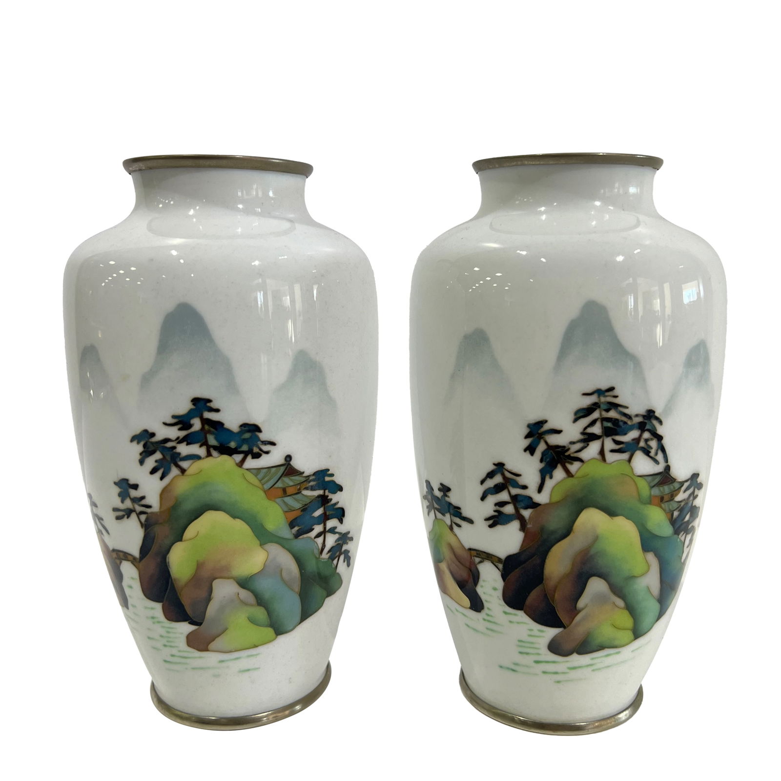 A PAIR OF JAPANESE WHITE GROUND CLOISIONNE & SILVER ENAMELED VASE (1 of 6)