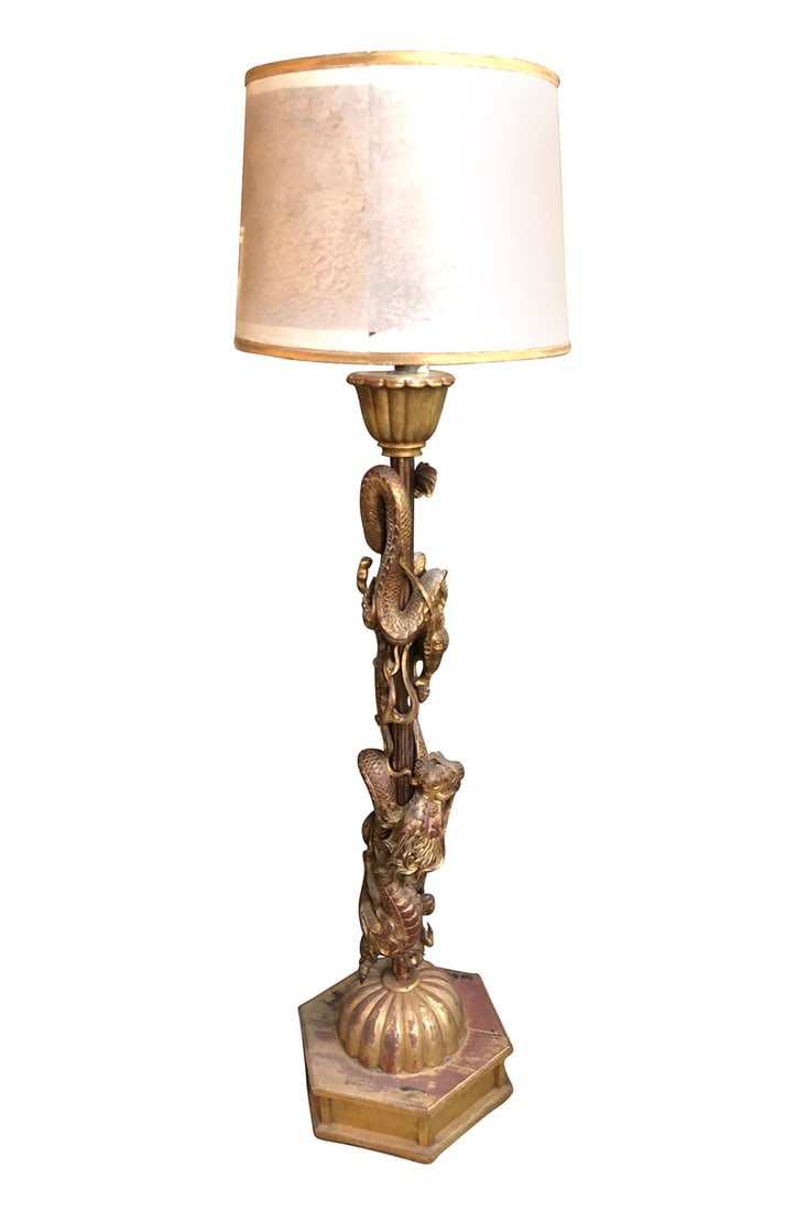 A LARGE CHINESE CARVED WOODEN DRAGON MOTIF FLOOR LAMP (1 of 3)