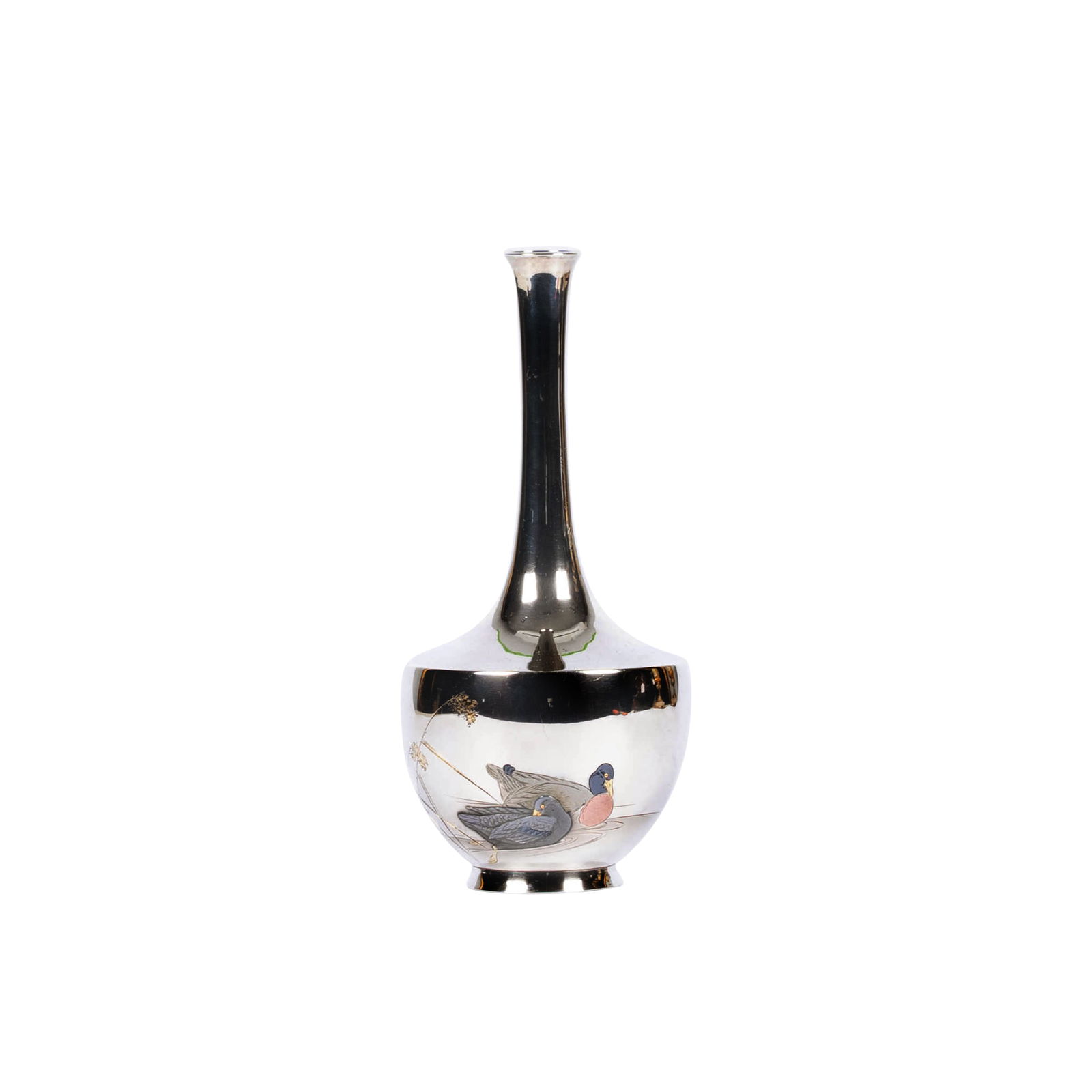 JAPANESE SILVER VASE INLAID WITH MIXED METALS DECORATED WITH MANDARIN DUCKS, 19TH CENTURY (1 of 8)