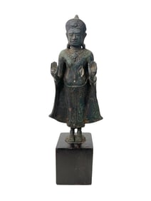 CAMBODIAN BRONZE BUDDHA WITH GREEN PATINA GESTURING POSITION, 20TH CENTURY