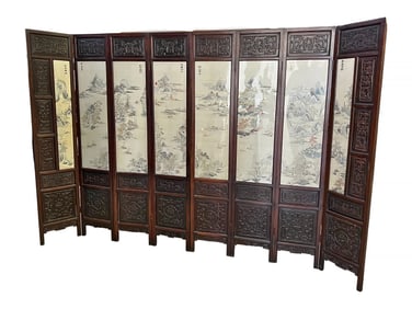A LARGE CHINESE SILK EMBROIDERY AND HARDWOOD FLOOR SCREEN, EARLY 19TH CENTURY
