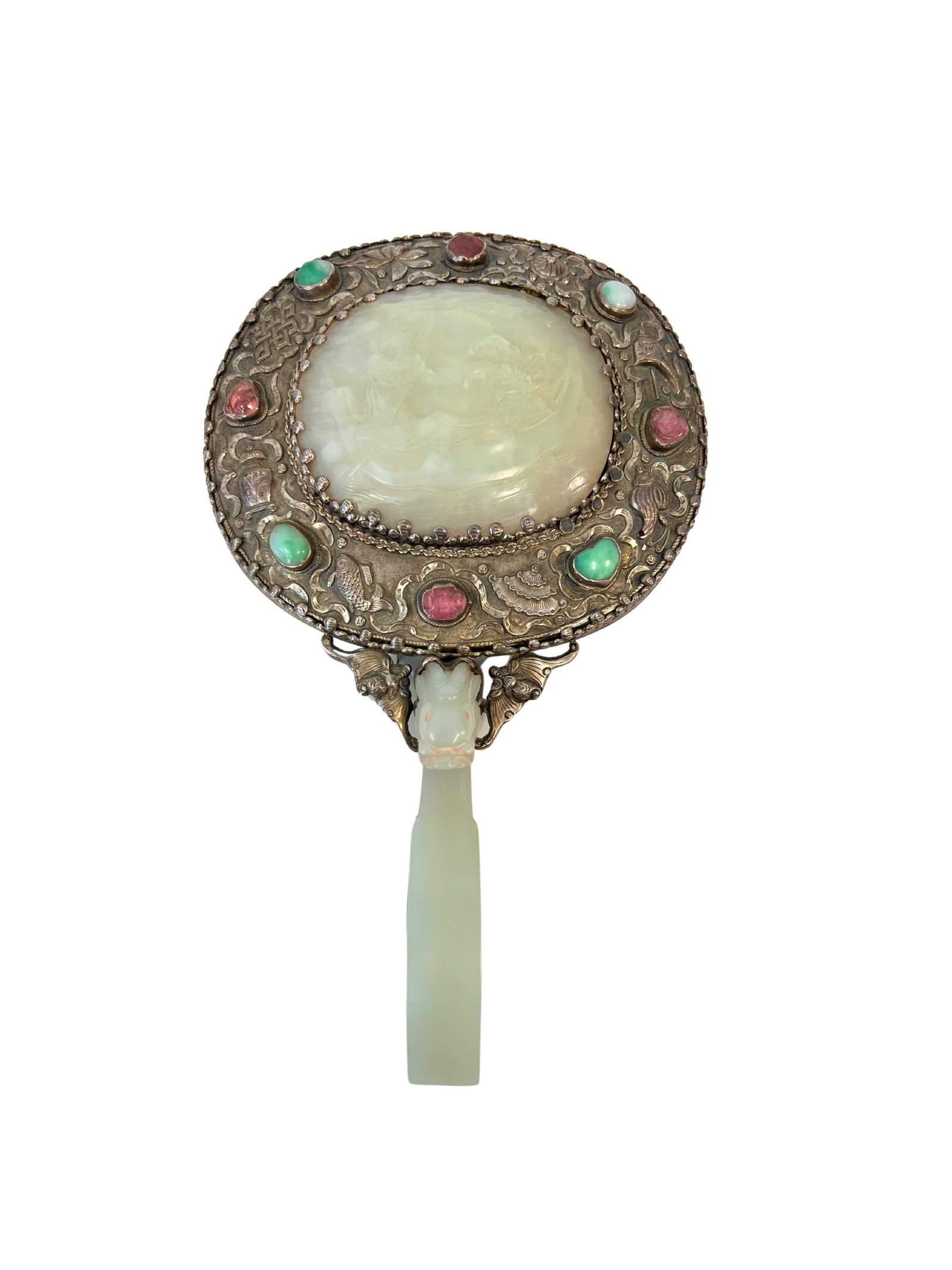 CHINESE CARVED JADE AND SILVER HAND MIRROR, MID 20TH CENTURY (1 of 7)