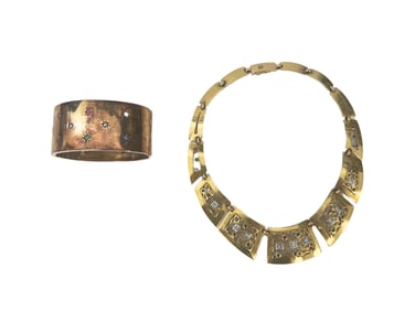 ESTATE 14K GOLD NECKLACE & BANGAL SET SET WITH SMALL DIAMONDS