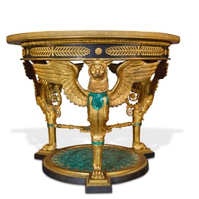AN EMPIRE STYLE ORMOLU BRONZE AND MALACHITE-VENEERED CENTER TABLE. 20TH CENTURY