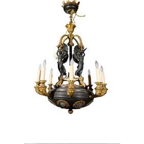 A FRENCH GILT BRONZE EMPIRE STYLE CHANDELIER, 19TH CENTURY