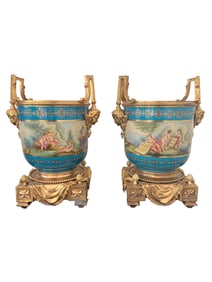 A PAIR OF SEVRES STYLE GILT METAL MOUNTED VASES, MODERN
