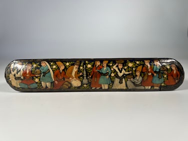 ANTIQUE PERSIAN DECORATED PAPER-MACHE PENCIL BOX