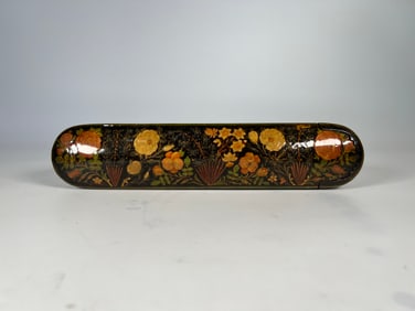 ANTIQUE PERSIAN DECORATED PAPER-MACHE PENCIL BOX