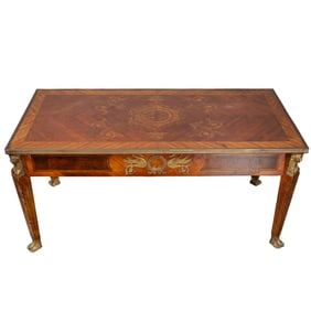 AN EMPIRE STYLE GILT BRONZE MOUNTED AND MARQUETRY COFFEE TABLE, 20TH CENTURY