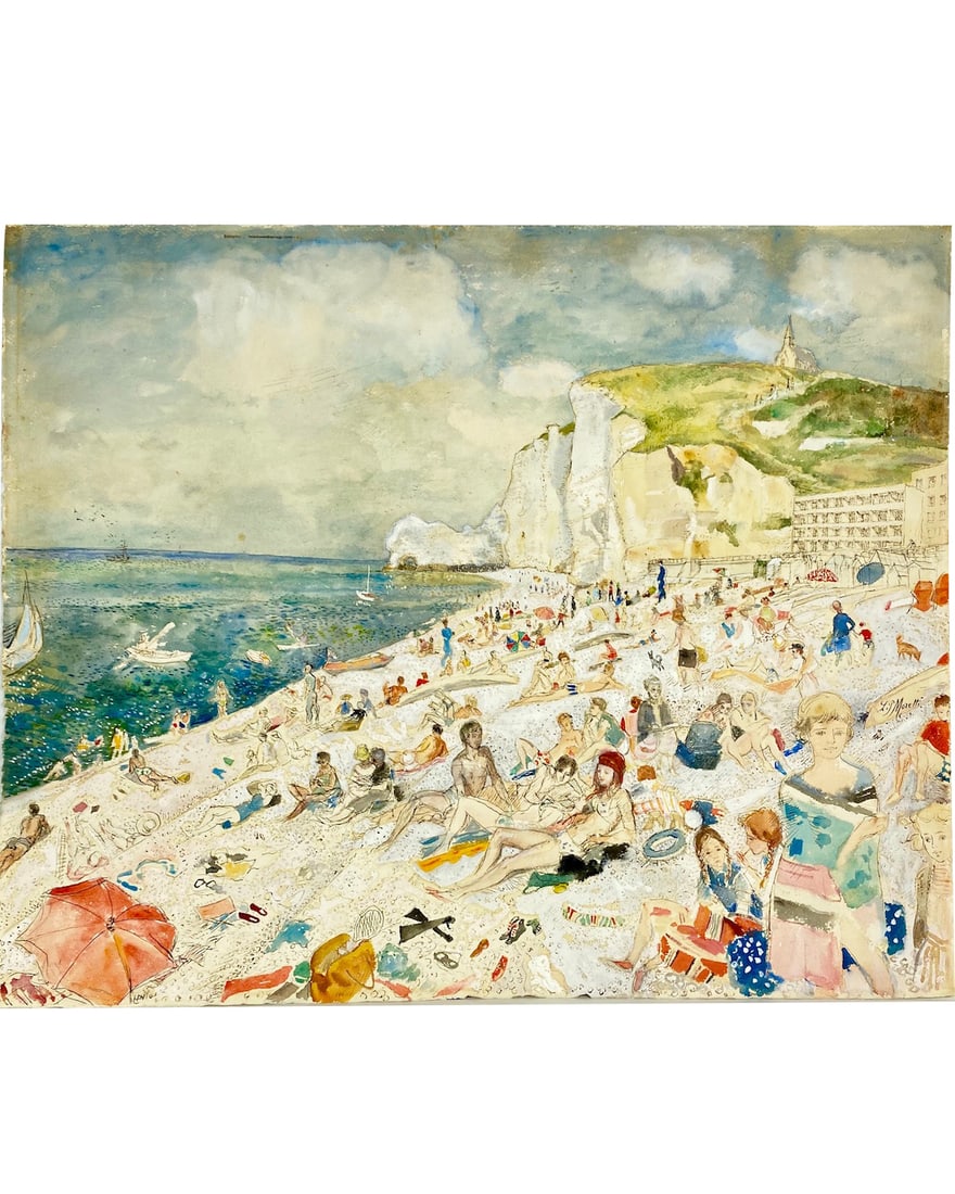 LUCIEN PHILIPPE MORETTi WATER COLOR ON PAPER TITLED 'THE BEACH'  CIRCA 1950 (1 of 4)
