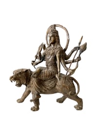 ANTIQUE INDIAN BRONZE DURGA SEATED ON LION STATUE
