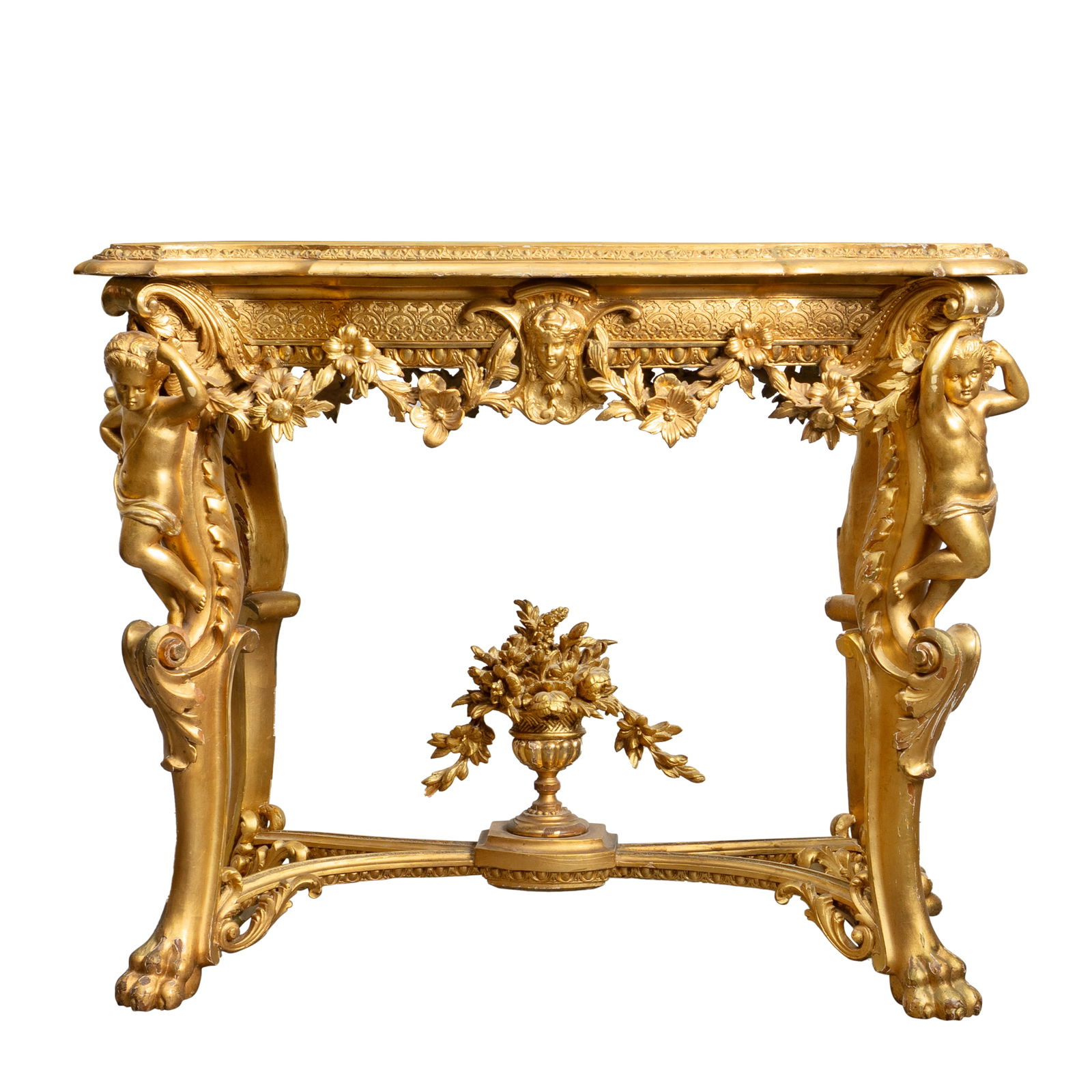A FRENCH LOUIS XV STYLE CARVED GILT WOOD & GESSO FIGURAL SIDE TABLE, 19TH CENTURY (1 of 6)