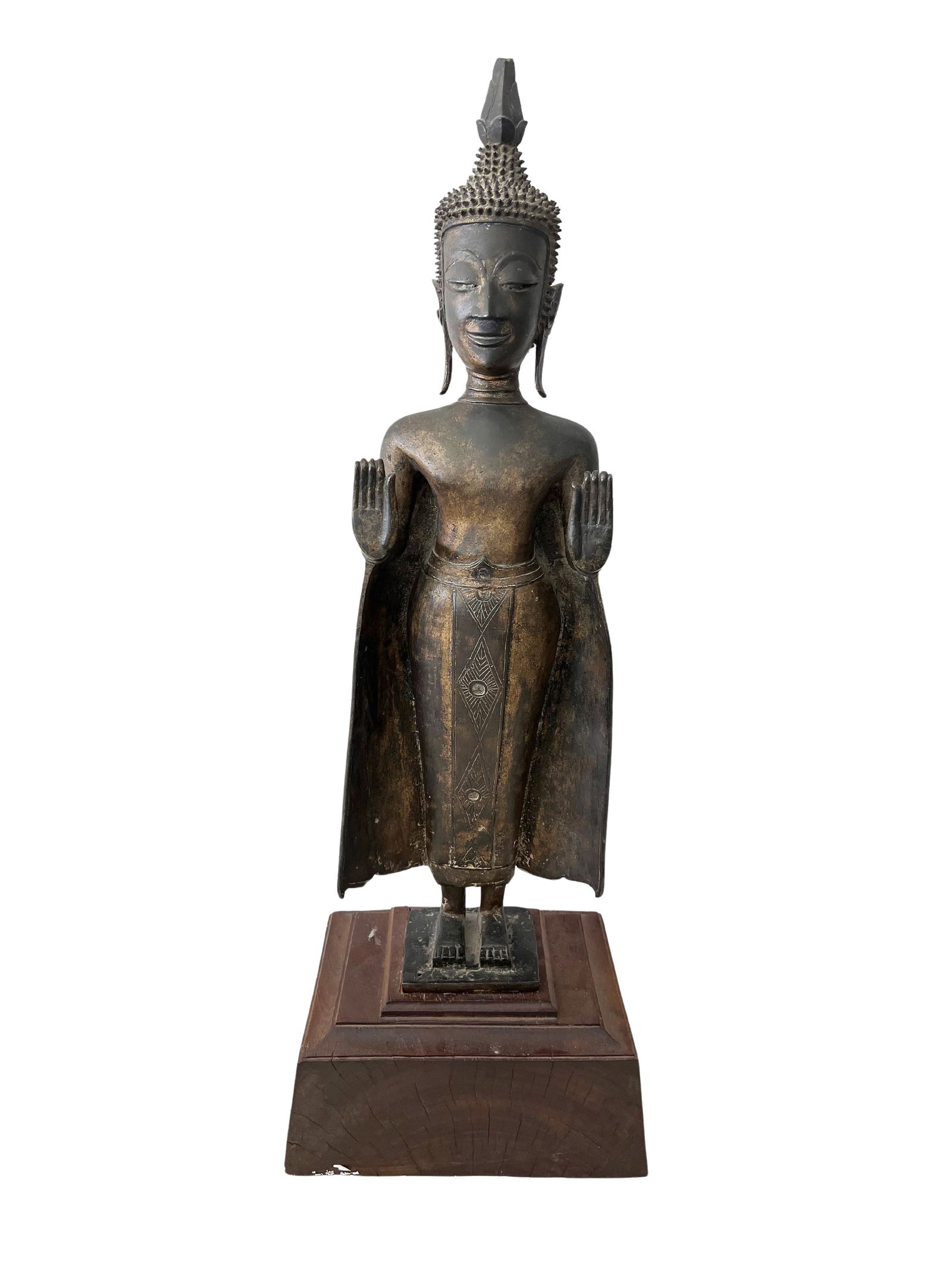 A LARGE HEAVILY CAST COPPER/ALLOY STANDING BUDDHA (1 of 6)