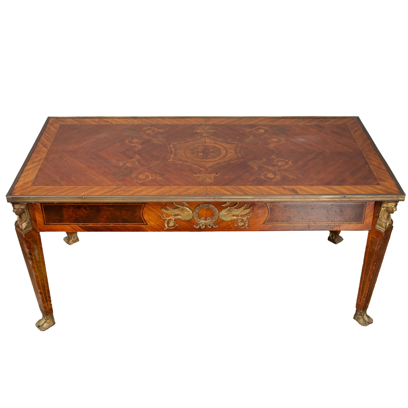 AN EMPIRE STYLE GILT BRONZE MOUNTED AND MARQUETRY COFFEE TABLE, 20TH CENTURY (1 of 5)