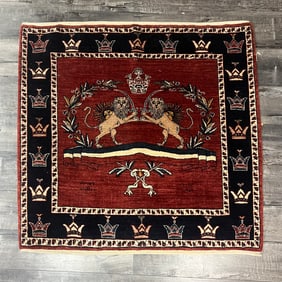 PERSIAN SHIRAZ WOOL RUG WITH LION MOTIF, 1970'S