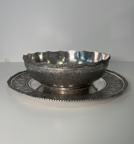 A LARGE PERSIAN .84 SILVER TRAY & BOWL SIGNED KHOSROW