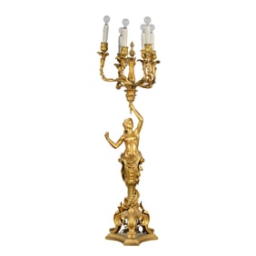 A LARGE ORMOLU BRONZE FIVE-BRANCH CANDELABRA AFTER THE MODELS BY CLODION, 19TH CENTURY