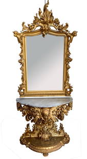 A LARGE AND IMPRESSIVE ITALIAN CARVED WOOD MIRROR AND CONSOLE, LATE 19TH CENTURY: A LARGE AND IMPRESSIVE ITALIAN CARVED WOOD MIRROR AND CONSOLE, LATE 19TH CENTURY