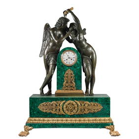 A LARGE EMPIRE STYLE ORMOLU, PATINATED BRONZE AND MALACHITE MANTEL CLOCK, 19TH CENTURY (1 of 10)