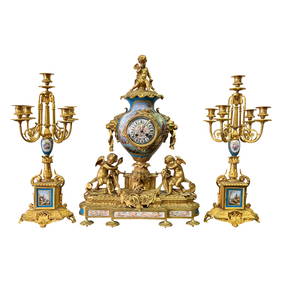 FRENCH SEVRES STYLE GILT BRONZE MOUNTED PORCELAIN CLOCK SET, LATE 19TH CENTURY (1 of 8)