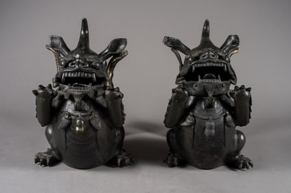 A LARGE PAIR OF ANTIQUE CHINESE BRONZE BEAST CENSERS,