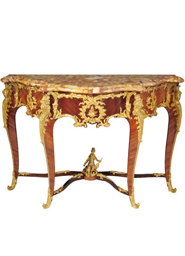 A FRENCH LOUIS XV STYLE ORMOLU MOUNTED KING-WOOD CONSOLE TABLE by Francois Linke: A FRENCH LOUIS XV STYLE ORMOLU MOUNTED KING-WOOD CONSOLE TABLE by FRANCOIS LINKEFrance, Circa 1890 The serpentine Breche d'Alep marble top above the frieze centered by scrolling acanthus, flanked by f