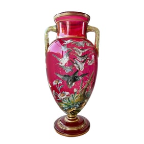 A MOSER GILT AND ENAMELED RUBY GLASS TWO-HANDLED VASE, Czech Republic, Circa 1900