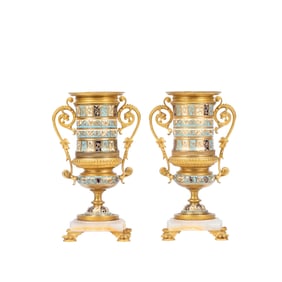A PAIR OF FRENCH ORMOLU BRONZE MOUNTED & CHAMPLEVE ENAMEL VASES, CIRCA 1900