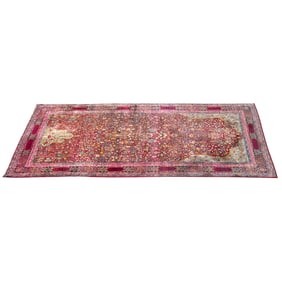 ANTIQUE PERSIAN LAVAR KERMAN RED AND BLUE RUG WITH CALLIGRAPHY AND FLORAL DESIGN