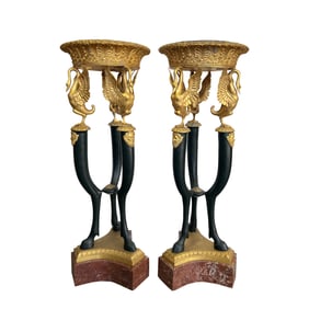 Pair of Large Figural Empire Style Gilt & Patinated Bronze Jardinires, Planters on Stands