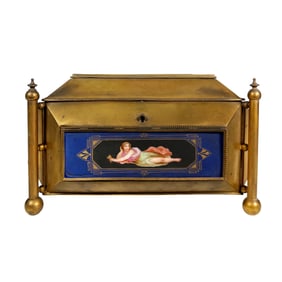 A FRENCH GILT-BRASS AND PORCELAIN MOUNTED CASKET BOX, CIRCA 1900