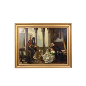 CONTINENTAL OIL'CANVAS ON BOARD PAINTING OF SHAKESPEARE'S OTHELLO 'RELATING HIS BATTLES', LATE 19TH