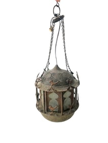 AN ANTIQUE INDIAN METAL PIERCED AND REPOUSSE' HANGING LANTERN