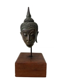 THAI BRONZE BUDDHA HEAD ON WOODEN BASE
